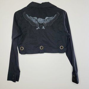 Vintage Y2K Connection 18 Jacket Black Medium Eagle Graphic Festival Crop 90's